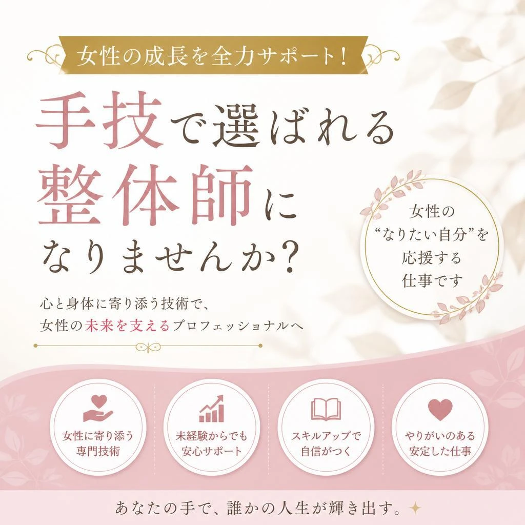 女性の成長を全力サポート！手技で選ばれる整体師になりませんか？