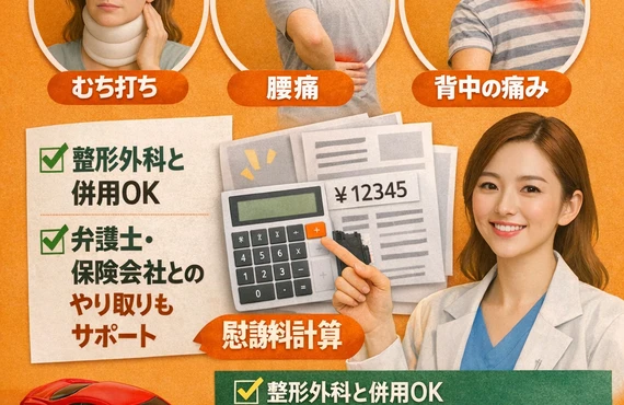 交通事故によるむち打ち・腰痛・背中の痛みは当院にお任せ！専門職があなたを身体と慰謝料をサポートします。